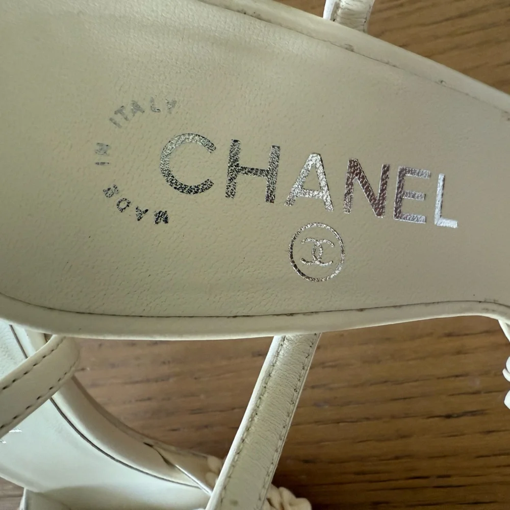 CHANEL Camellia Ankle Strap Interlocking CC Logo Lambskin Leather Heels 38.5